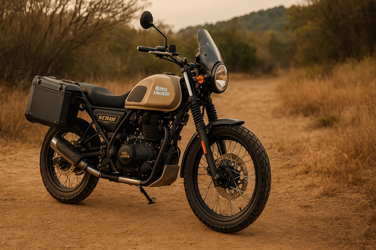 Royal Enfield Scram 440 parked on a trail with genuine Royal Enfield accessories like engine guards, panniers and touring seat from Torque and Trail.