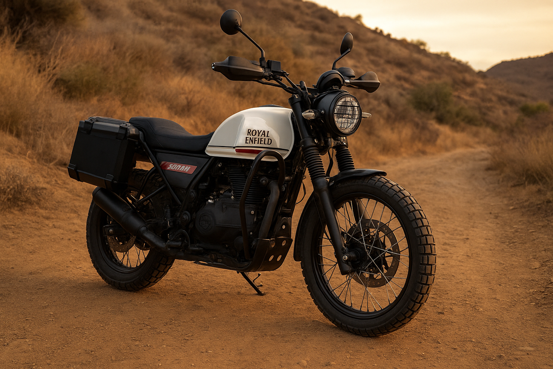Royal Enfield Scram 440 equipped with genuine engine guards, sump guard, and hand guards on a rugged trail, showcasing protection accessories from Torque and Trail.