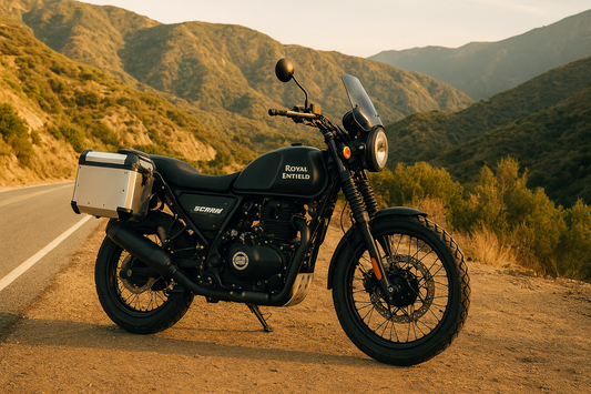 Royal Enfield Scram 440 equipped with touring accessories like panniers, touring seat, and flyscreen visor, ready for a long-distance adventure, from Torque and Trail.